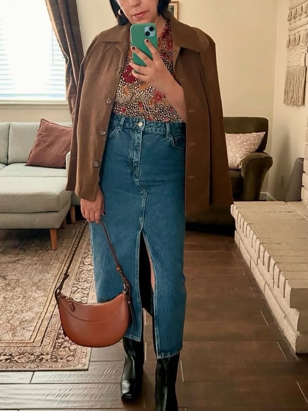 Front Slit Denim Maxi Skirt